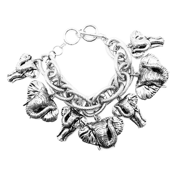 82692_Antique Silver, elephant charm metal bracelet