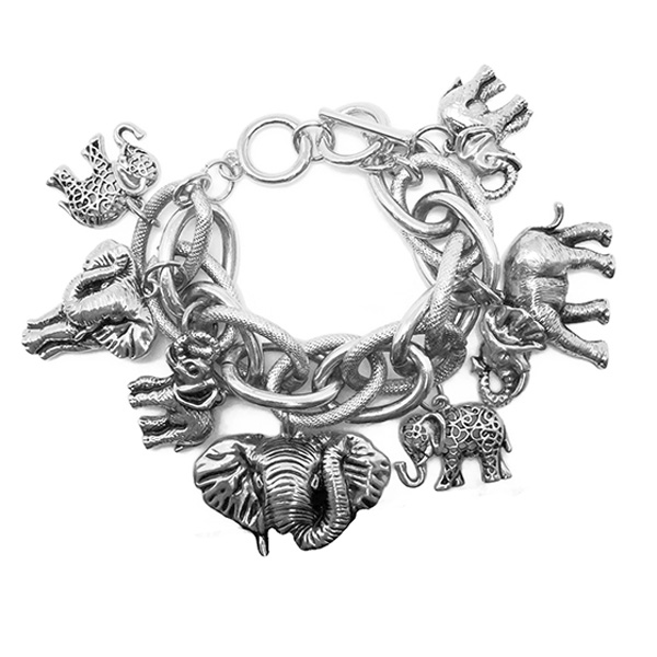 82693_Antique Silver, elephant charm metal bracelet