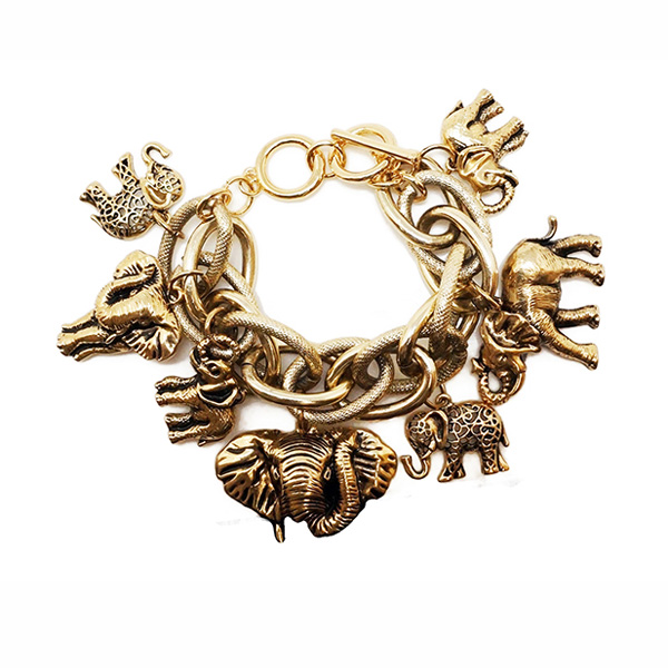 82693_Antique Gold, elephant charm metal bracelet