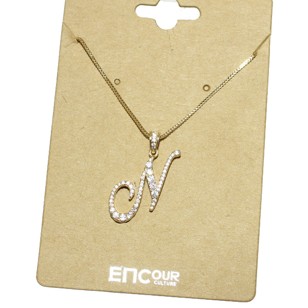 82809_Gold, pave initial necklace &quotN" *cubic zirconia