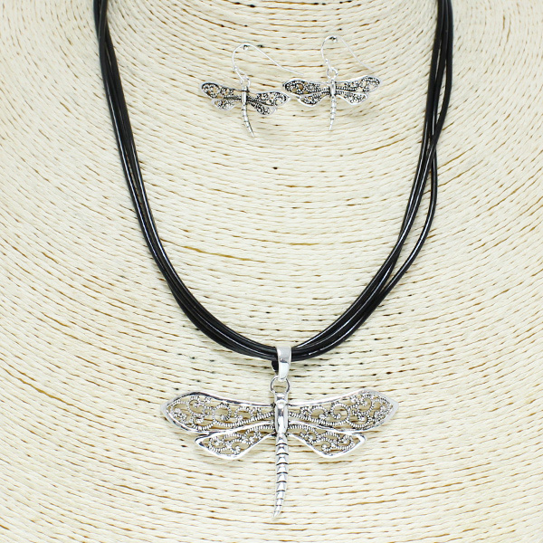 82880_Antique Silver, dragonfly marcasite necklace w/ cord