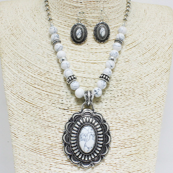 83143_White, western concho semi precious stone necklace