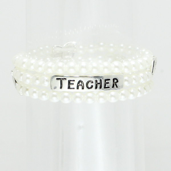83740_Antique Silver/Pearl , &quotteacher" 3 layered pearl stretch bracelet