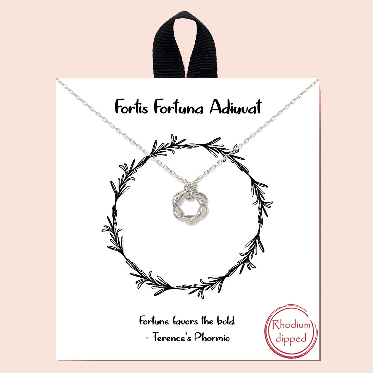 84028_Silver, &quotfortis fortuna adiuvat" twisted circle necklace/rhodium dipped