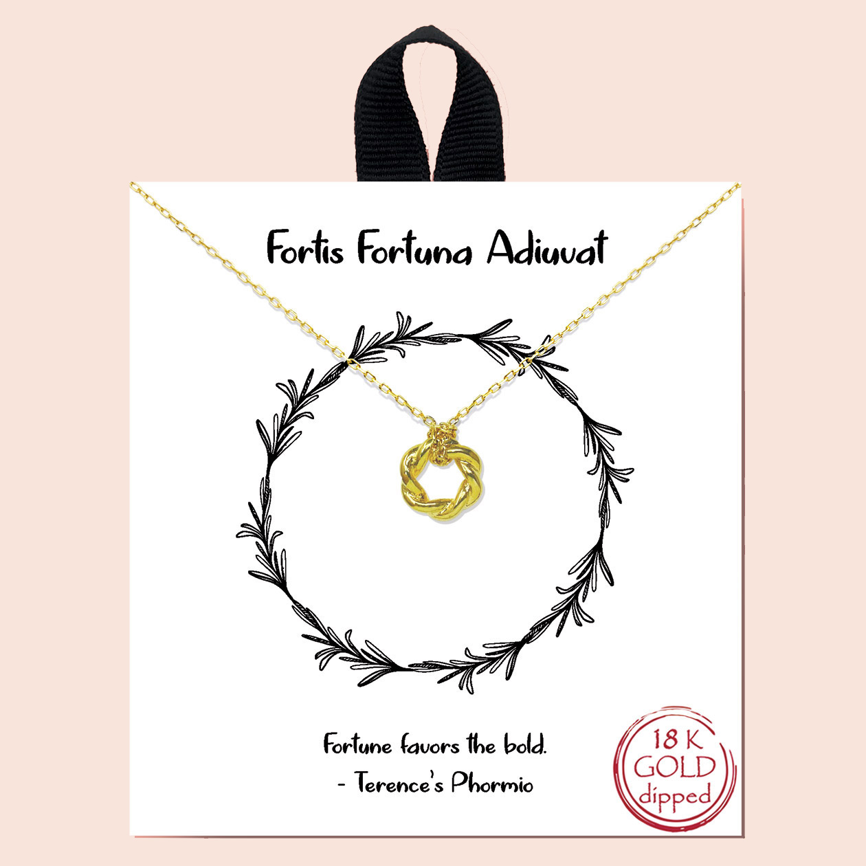 84028_Gold, &quotfortis fortuna adiuvat" twisted circle necklace/18k gold dipped