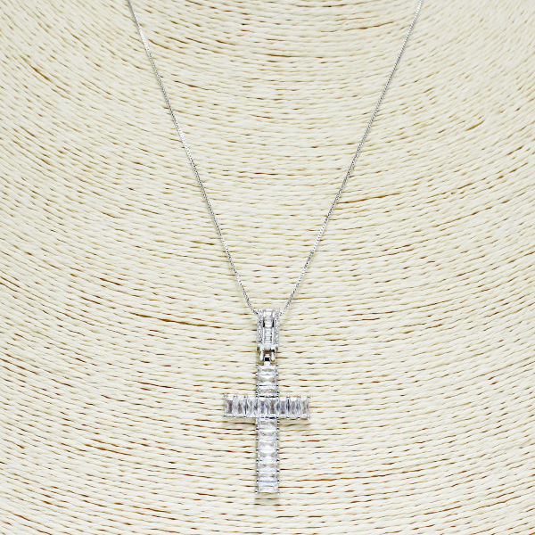 84249_Silver/Clear -3C, cross cubic zirconia necklace