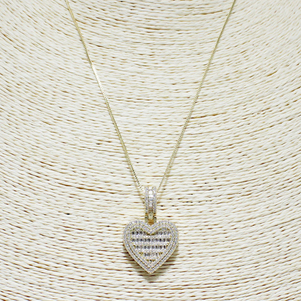84798_Gold/Clear, heart baguette rhinestone pendant necklace *cubic zirconia