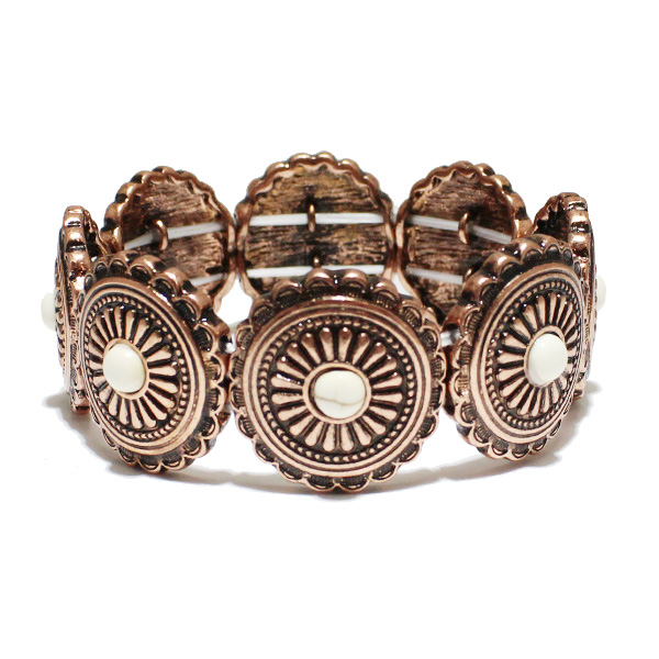 85079_Copper Burnished/White, western concho semi precious stone stretch bracelet