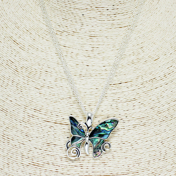 85371_Antique Silver/Abalone, butterfly pendant necklace