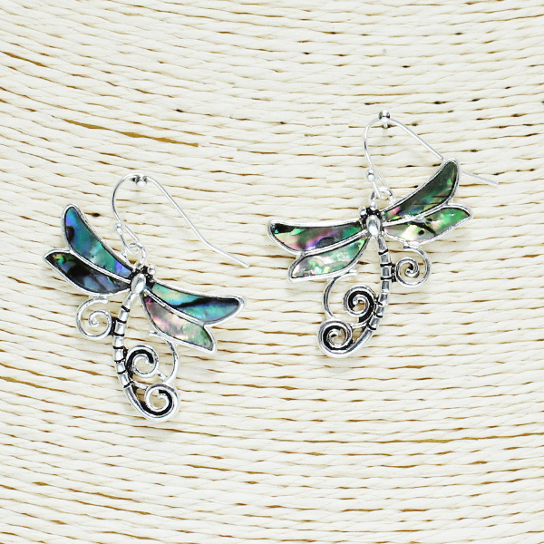 85404_Antique Silver/Abalone, filigree dragonfly earring