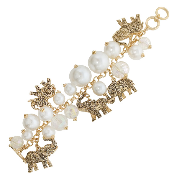 85598_Antique Gold, elephant charm & pearl toggle bracelet