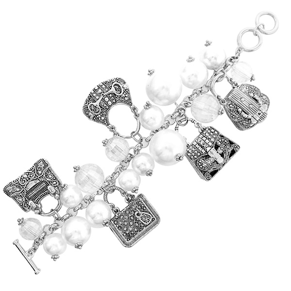 85599_Antique Silver, handbag charm & pearl toggle bracelet
