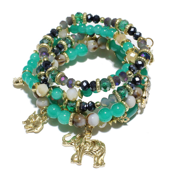 85689_Turquoise, elephant charm multi layered stretch bracelet