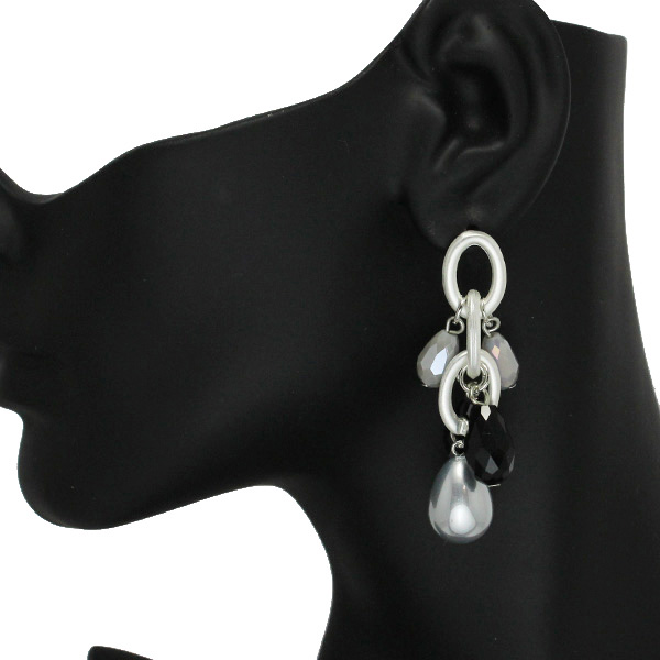 85902_Silver/Black, teardrop pearl n bead earring