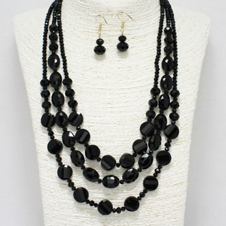 88072_Black, glass crystal multi layered beaded necklace 
