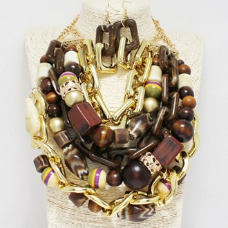 88082_Brown, chunky celluloid acetate with chain statement necklace 