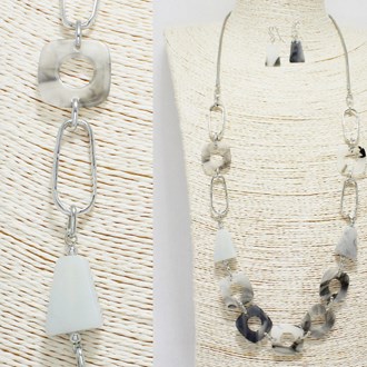 88225_Silver/White, geometric celluloid acetate long necklace 