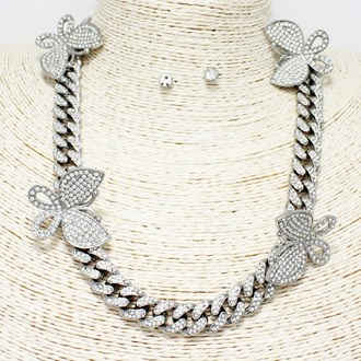 88383_Silver/Clear, pave butterfly cuban chain necklace 