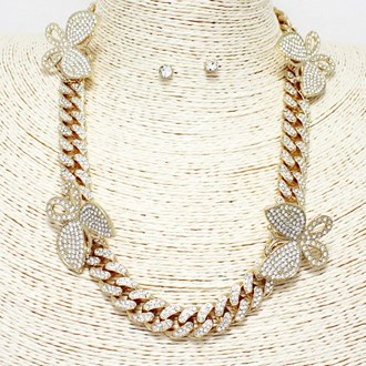 88383_Gold/Clear, pave butterfly cuban chain necklace 