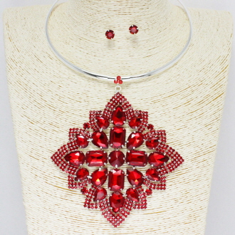 82881_Silver/Red, crystal rhinestone choker necklace