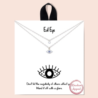 86012_Silver/Blue, "evil eye" dainty pave cubic zirconia necklace/rhodium dipped