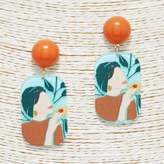 88946_Coral, lady with flower print geometric acrylic earring 