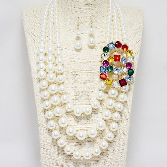 88947_Cream/Multi, rhinestone accent pearl layered necklace 