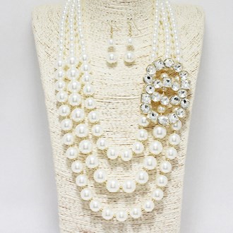 88947_Cream/Clear, rhinestone accent pearl layered necklace 