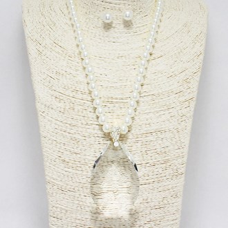 88948_Gold/Clear, teardrop glass crystal with pearl pendant necklace 
