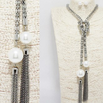 88949_Silver/White, pearl with tassel drop long necklace 