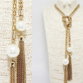 88949_Gold/Cream, pearl with tassel drop long necklace 