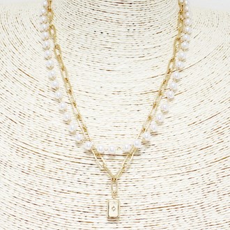 88950_Gold/Pearl, dainty charm double layered necklace 