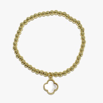 88951_Gold/MOP, clover charm stainless steel bead stretch bracelet 