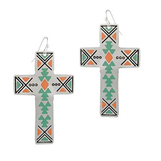 93635_Silver Burnished/Turquoise, western cross metal earring, religious 
