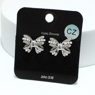 93909_Silver/Pearl, ribbon bow cubic zirconia with pave rhinestone stud earring 