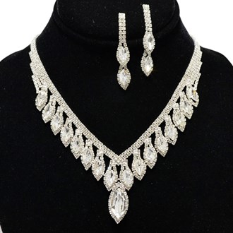 94569_Silver/Clear, marquise rhinestone accent evening necklace, wedding, bridal, prom 