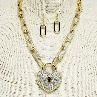 94642_Gold/Clear, pave heart lock necklace, valentine