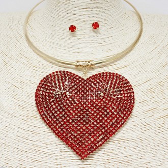 89111_Gold/Red, oversized heart rhinestone choker necklace 