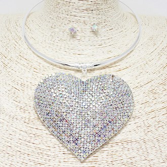 89111_Silver/AB, oversized heart rhinestone choker necklace 