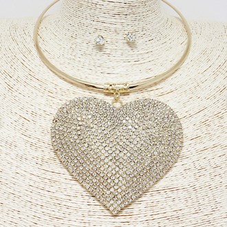 89111_Gold/Clear, oversized heart rhinestone choker necklace 