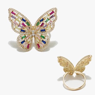 89644_Gold/Multi, butterfly cubic zirconia one size adjustable ring 