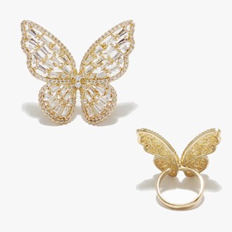 89644_Gold/Clear, butterfly cubic zirconia one size adjustable ring 