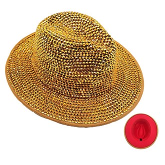 89662_Gold, bling rhinestone studded fedora hat / red bottom 