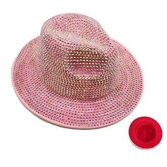 89662_Pink AB, bling rhinestone studded fedora hat / red bottom 