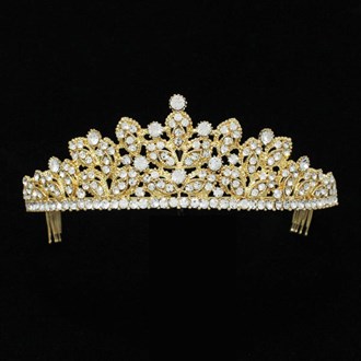 90657_Gold/Clear, rhinestone crystal crown tiara with hair comb, wedding, bridal, prom 