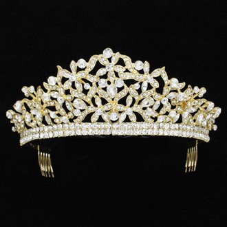 90658_Gold/Clear, flower rhinestone crystal crown tiara with hair comb, wedding, bridal, prom 