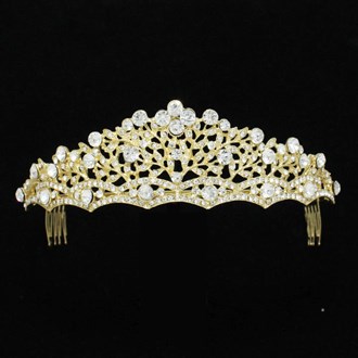90660_Gold/Clear, rhinestone crystal crown tiara with hair comb, wedding, bridal, prom 
