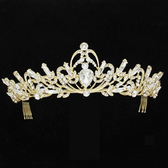 90661_Gold/Clear, rhinestone crystal crown tiara with hair comb, wedding, bridal, prom 
