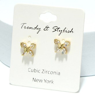 91324_Gold/Clear, butterfly cubic zirconia stud earring/sterling silver post 