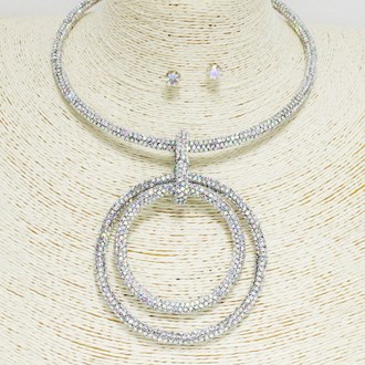 91640_Silver/AB, double round ring glitter rhinestone necklace 